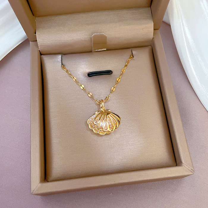 Estilo simples concha cobre banhado a ouro pérolas artificiais pingente de zircônia colar 1 peça