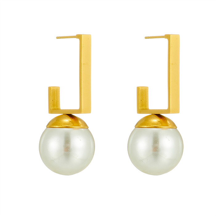 Vintage Style Geometric Stainless Steel Gold Plated Pearl Ear Studs 1 Pair
