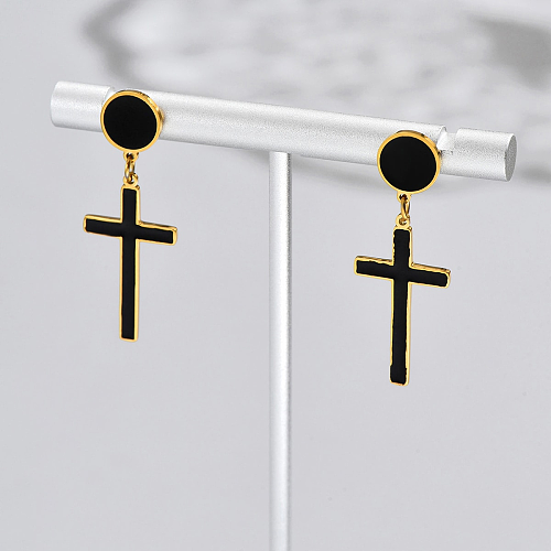 Boucles d'oreilles pendantes en résine synthétique et émail, Style Simple, croix en acier inoxydable, 1 paire