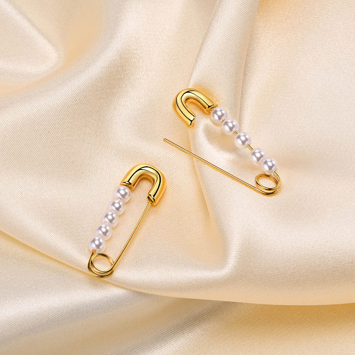 1 par de pendientes chapados en oro de 18K con perlas artificiales de acero inoxidable con incrustaciones geométricas de vacaciones estilo barroco estilo IG