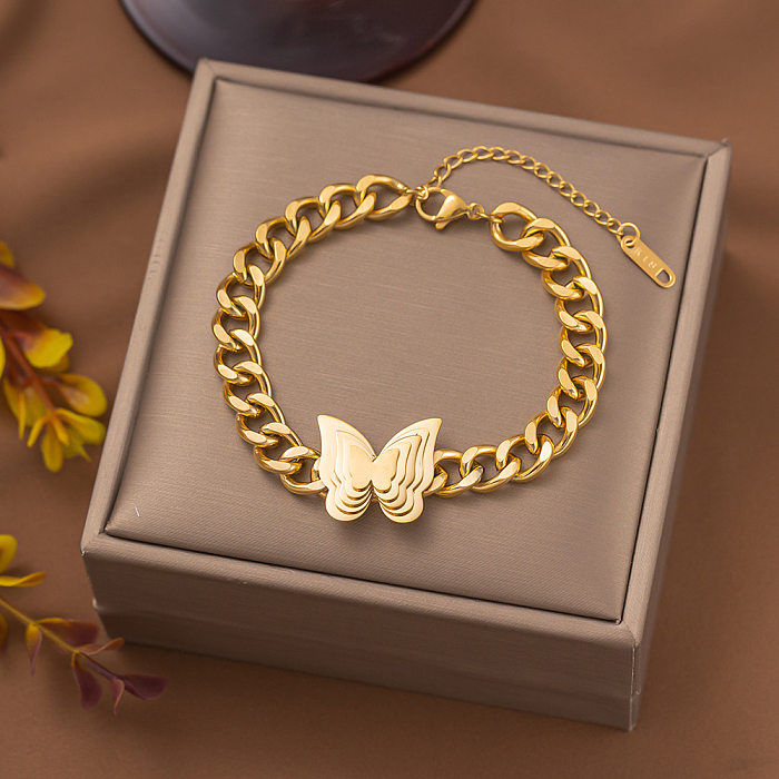 Elegante senhora flor borboleta pulseiras de chapeamento de aço de titânio