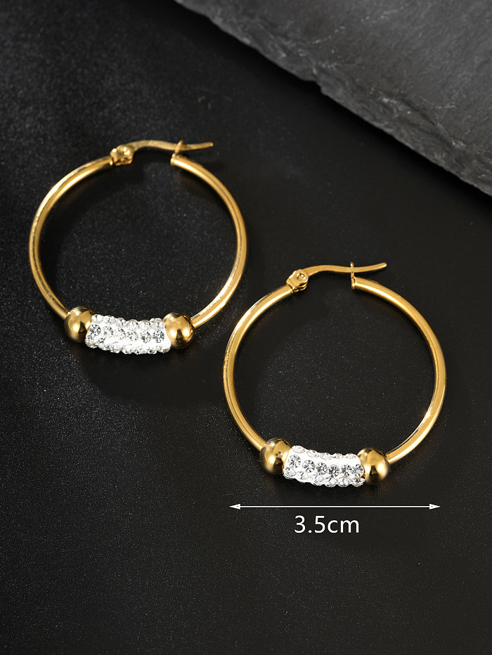 1 par de brincos de argola banhados a ouro 18K, estilo moderno, círculo brilhante, aço inoxidável, strass