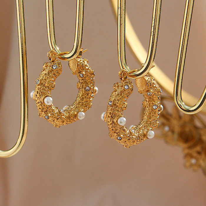 Geometrische Retro-Edelstahlohrringe mit Überzug aus künstlichen Perlen und Zirkon-Edelstahlohrringen