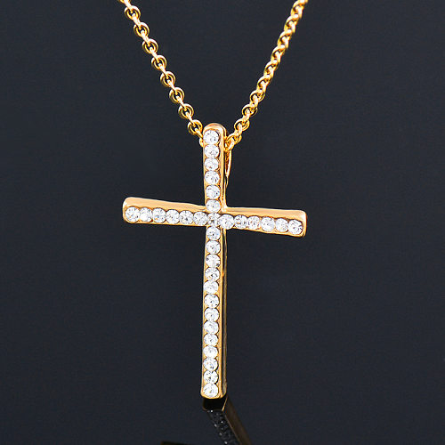 Modische Halskette mit Kreuz-Anhänger aus Edelstahl mit Intarsien-Strasssteinen, 1 Stück