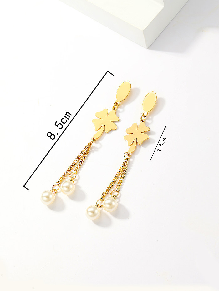 1 paire de boucles d'oreilles pendantes en acier inoxydable, style simple et décontracté, trèfle à quatre feuilles, soleil, imitation de perles, pompon, incrustation de zircone plaqué or