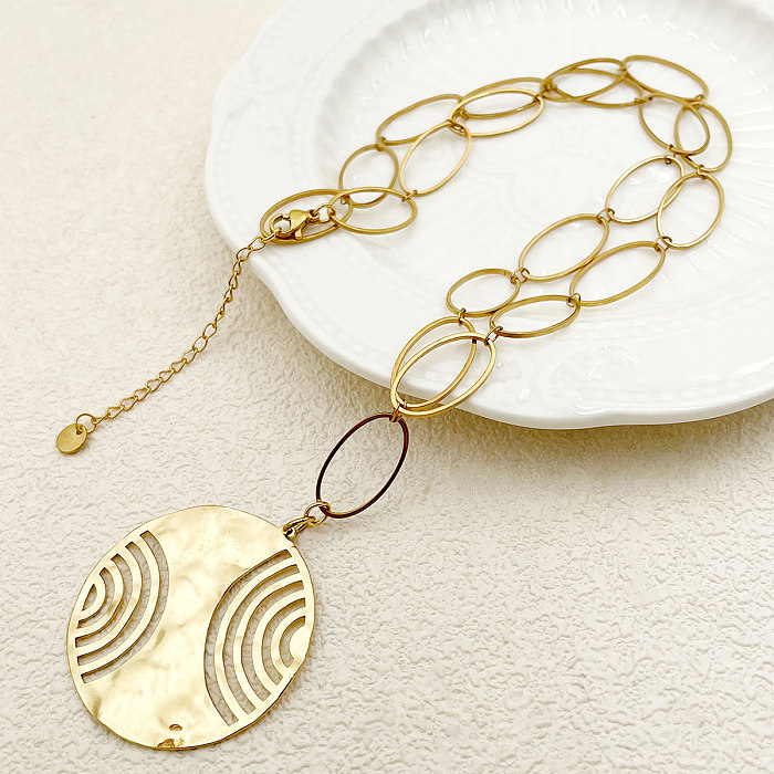 Classical Roman Style Lines Stainless Steel  Plating Hollow Out Gold Plated Pendant Necklace