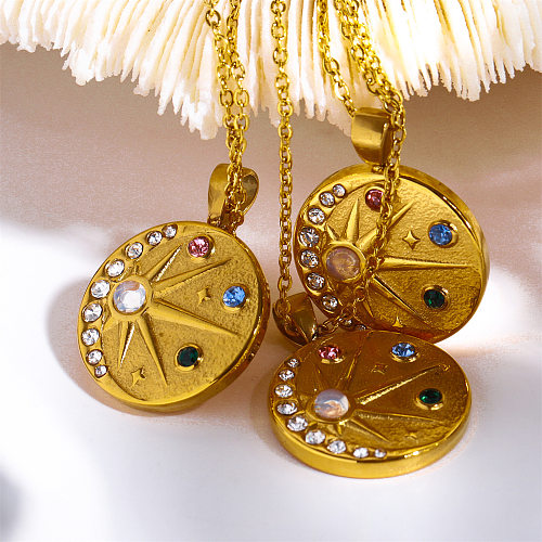 Einfache Retro-Anhänger-Halskette mit rundem Stern, Edelstahl-Beschichtung, Inlay-Zirkon, 18 Karat vergoldet