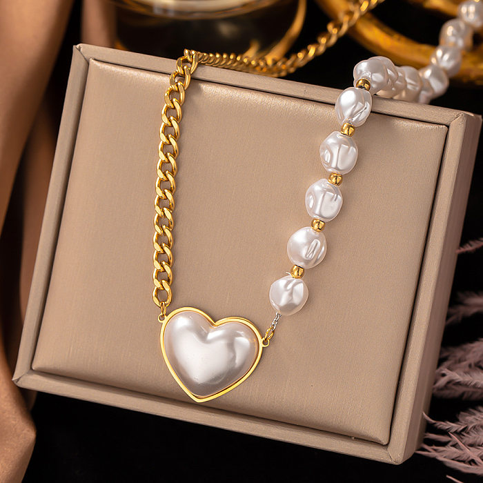 Mode coeur forme acier inoxydable perlé placage incrustation perle coquille pendentif collier 1 pièce
