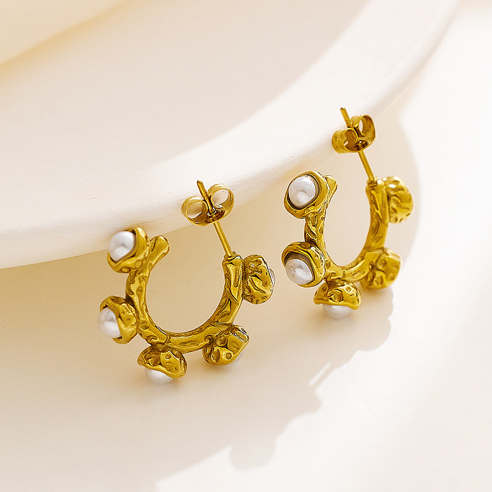 1 Stück C-förmige Perlenplattierung im Vintage-Stil aus Edelstahl mit künstlichen Perlen und vergoldeten Ohrsteckern