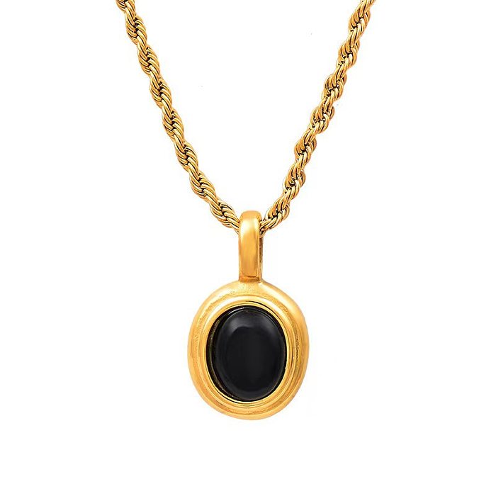 Collier pendentif ovale en acier inoxydable avec incrustation d'agate plaquée or 18 carats de style vintage