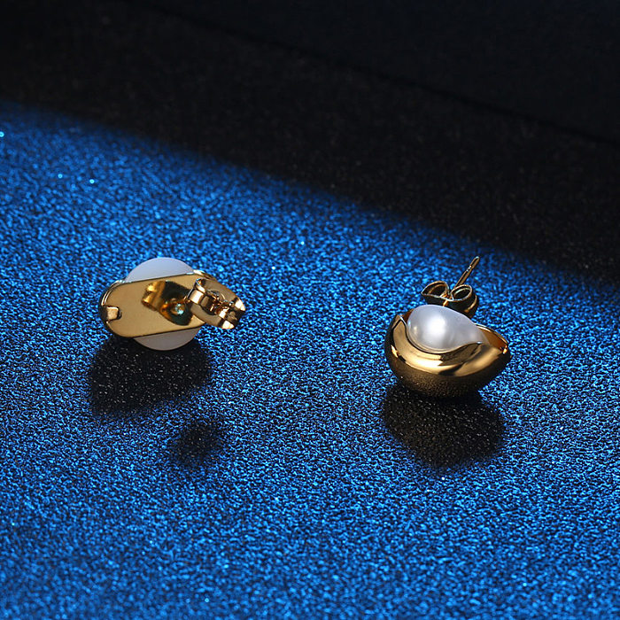 Pendientes de perlas con incrustaciones de acero inoxidable redondos de estilo simple de 1 pieza