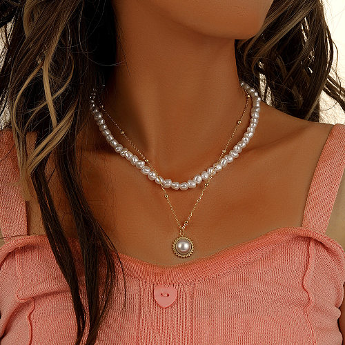 Elegant Round Stainless Steel Plating Artificial Pearls Layered Necklaces