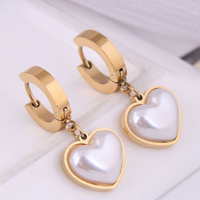 Fashion Simple Peach Heart Pearl Stainless Steel Earrings Wholesale jewelry