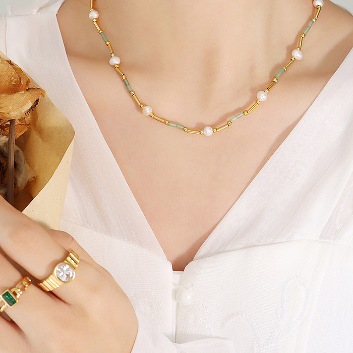 Modische geometrische Perlenkette aus Naturstein mit Edelstahlbeschichtung