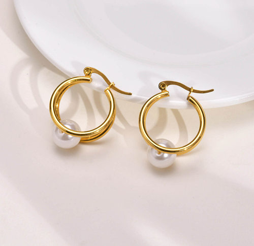 1 paire de boucles d'oreilles plaquées or 18 carats, Style IG Simple, incrustation en forme de U, perles artificielles en acier inoxydable