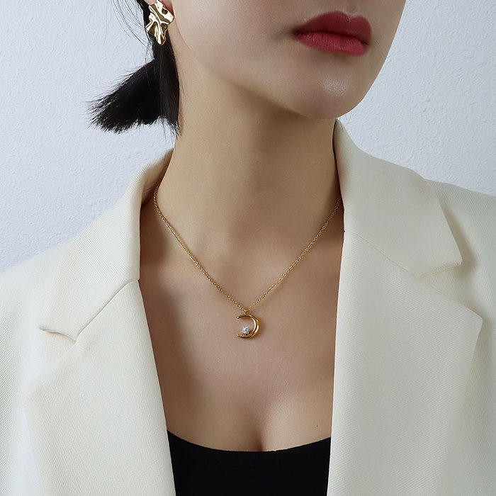 Fashion Moon Edelstahl vergoldet Zirkon Anhänger Halskette 1 Stück