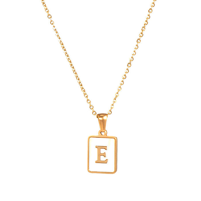 Halskette mit quadratischem Buchstaben-Anhänger im Vintage-Stil, Edelstahl-Beschichtung, Muschel-18-Karat-vergoldet