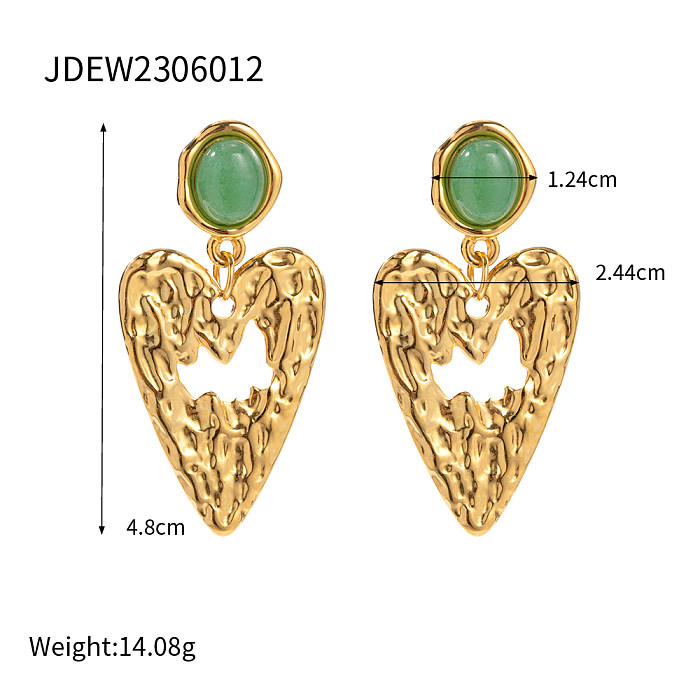 1 par de pendientes colgantes chapados en oro de 18K con incrustaciones de acero inoxidable y aventurina chapados en forma de corazón redondos Retro elegantes