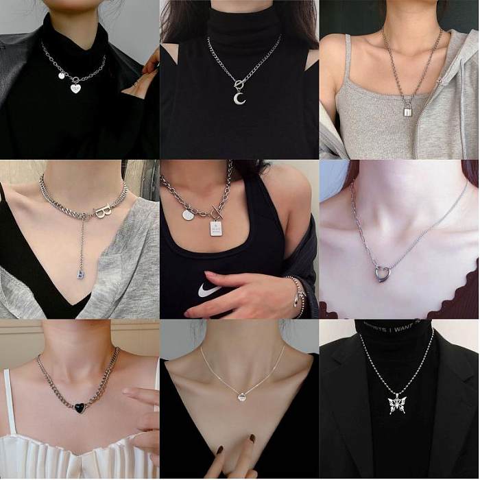 Hip-Hop Punk Modern Style Letter Moon Butterfly Stainless Steel  Plating Hollow Out Inlay Acrylic Artificial Diamond Silver Plated Pendant Necklace