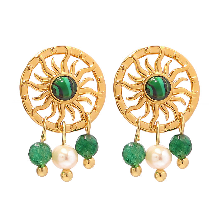 1 Pair Retro Sun Stainless Steel  Pearl Plating Inlay Natural Stone Malachite Drop Earrings