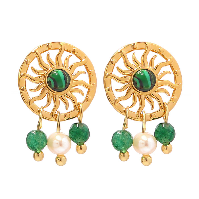 Boucles d'oreilles rétro soleil en acier inoxydable, 1 paire, incrustation de perles, pierre naturelle, Malachite