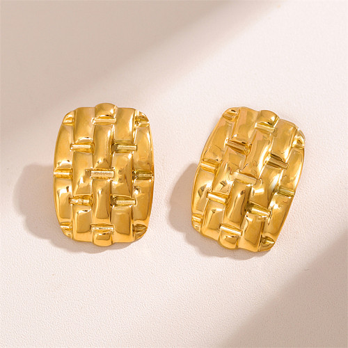 1 par de pinos de orelha banhados a ouro 18K estilo retrô simples xadrez retangular de aço inoxidável