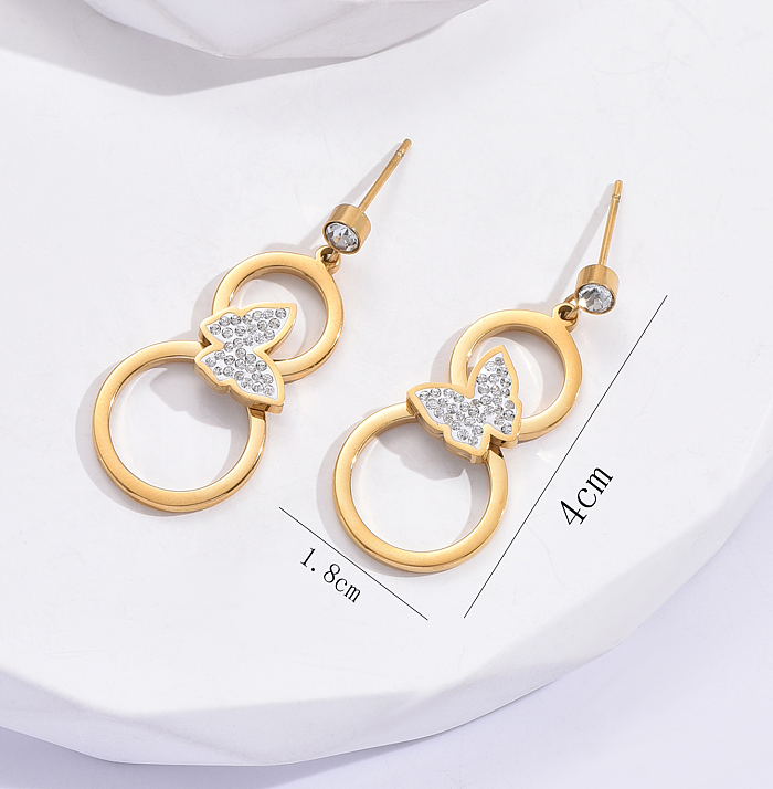 1 Pair Korean Style Butterfly Stainless Steel  Plating Inlay Rhinestones 14K Gold Plated Drop Earrings