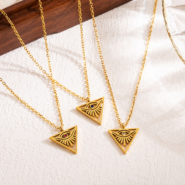 Moderne Dreiecks-Teufelsauge-Halskette mit aushöhlendem Zirkon und 18 Karat vergoldetem Anhänger aus Edelstahl