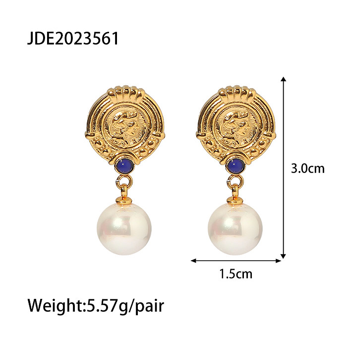 INS Style Round Stainless Steel  Pearl Drop Earrings 1 Pair