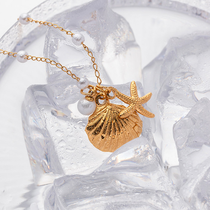IG Style Lässige Halskette mit Seestern-Muschel-Anhänger aus Edelstahl mit Perlenbeschichtung, 18 Karat vergoldet
