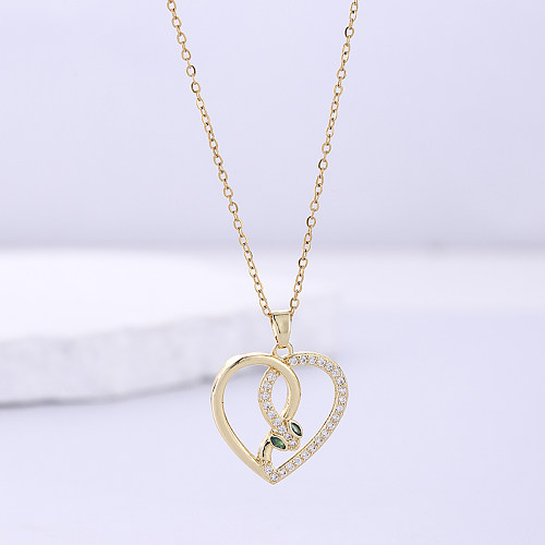 Estilo coreano forma de coração cobra chapeamento de aço inoxidável incrustação zircão colar banhado a ouro 18K