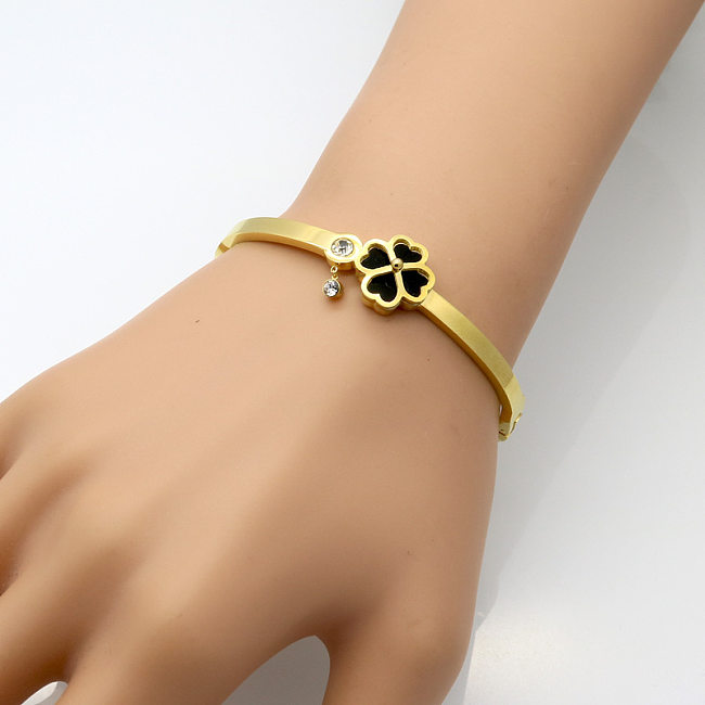 Bracelet élégant en acier titane avec trèfle à quatre feuilles, plaqué or 18 carats, strass, vente en gros