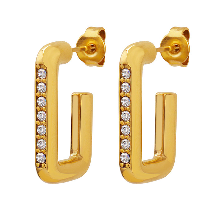 Wholesale 1 Pair Shiny Square Stainless Steel 18K Gold Plated Zircon Ear Studs