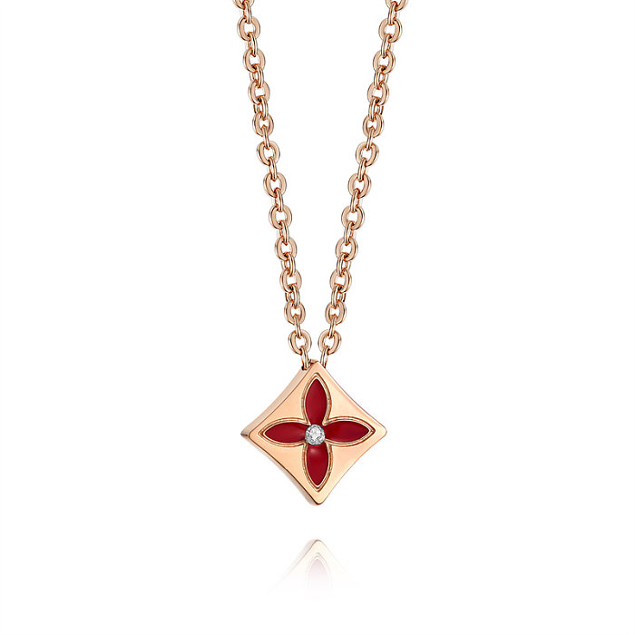 Schlichter Stil, vierblättriges Kleeblatt, Edelstahl, rosévergoldete Diamant-Anhänger-Halskette aus Edelstahl, in großen Mengen