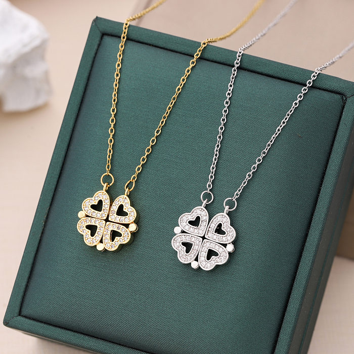 Elegant Lady Four Leaf Clover Heart Shape Stainless Steel Inlay Zircon Pendant Necklace