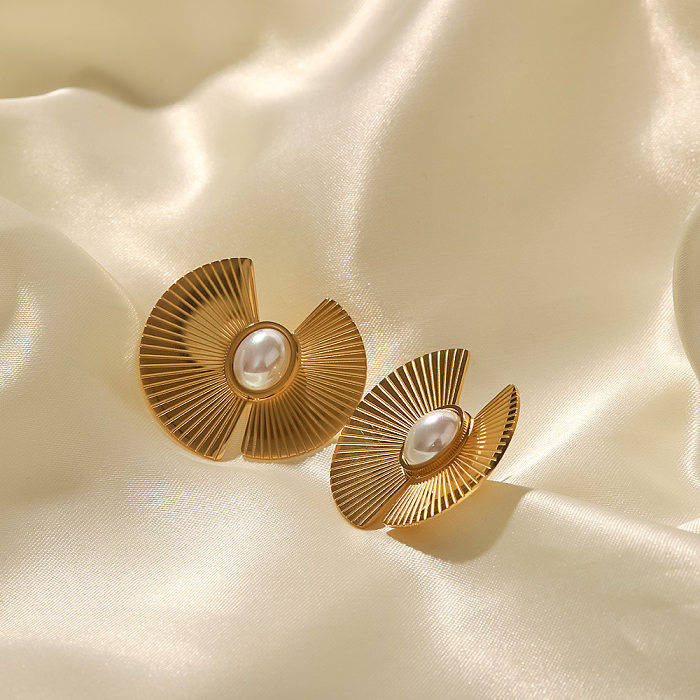 Clous d'oreilles en acier inoxydable plaqué perles, secteur géométrique rétro, 1 paire