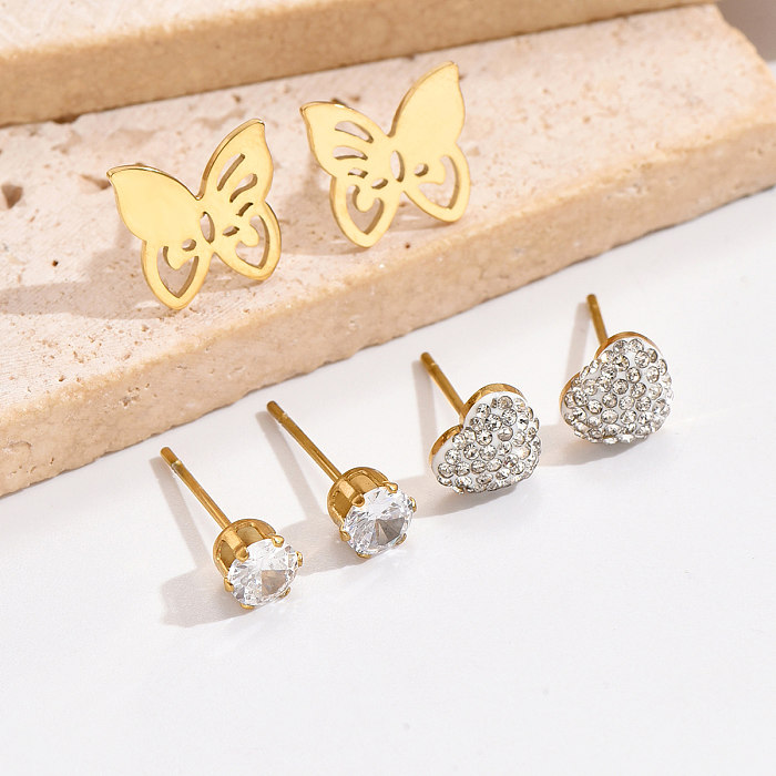 3 Pairs Simple Style Commute Heart Shape Butterfly Plating Inlay Stainless Steel  Zircon 14K Gold Plated Ear Studs