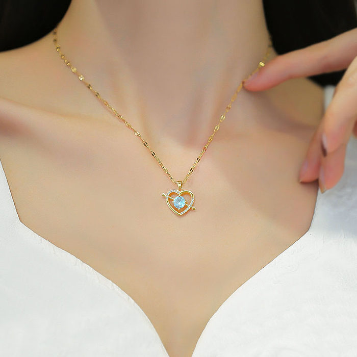 Fashion Heart Shape Stainless Steel Copper Inlay Artificial Gemstones Pendant Necklace