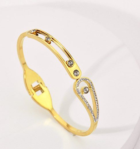 Elegante retrô feminino geométrico em aço inoxidável com incrustação de zircão pulseira banhada a ouro