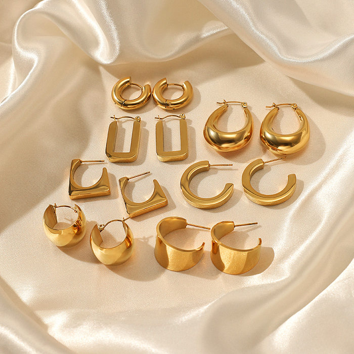 Brincos geométricos banhados a ouro em aço inoxidável estilo francês 1 par