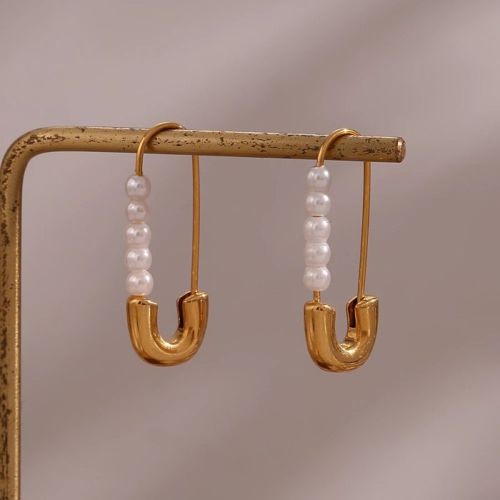 1 Pair Lady Paper Clip Imitation Pearl Stainless Steel Plating Earrings