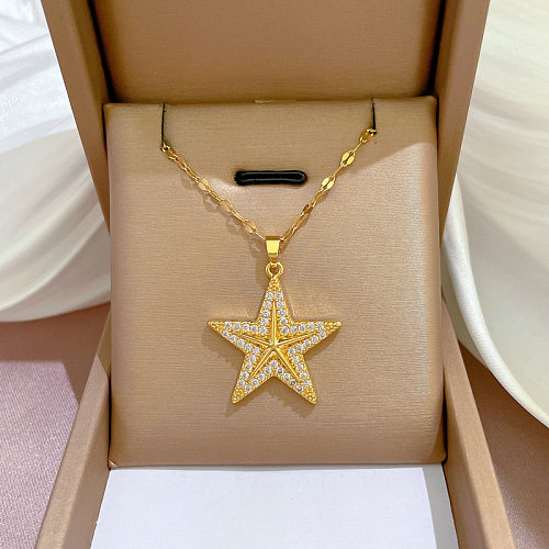 Fashion Starfish Stainless Steel Copper Chain Inlay Artificial Diamond Pendant Necklace