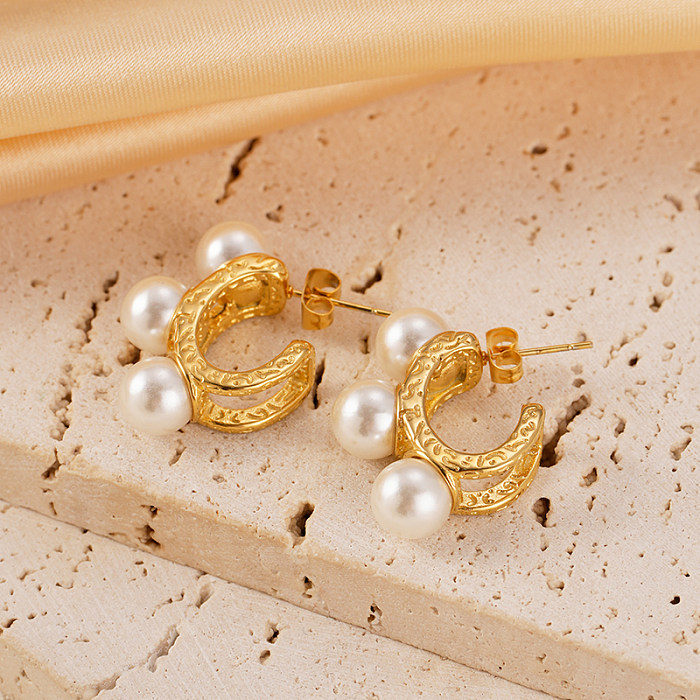 1 Pair Vacation Simple Style C Shape Plating Inlay Stainless Steel  Artificial Pearls Gold Plated Ear Studs