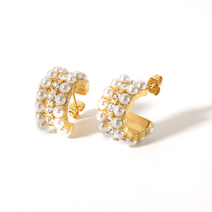 1 paire de clous d'oreilles plaqués or 18 carats, Style Vintage, incrustation de couleur unie, strass artificiels en acier inoxydable, perles