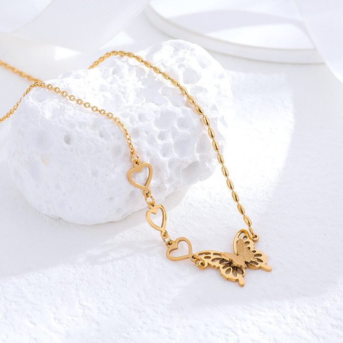 Atacado estilo vintage borla formato de coração borboleta aço inoxidável 24K colar de strass banhado a ouro