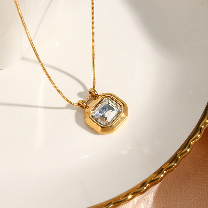 Vintage Style Square Stainless Steel  Pendant Necklace Plating Zircon Stainless Steel  Necklaces