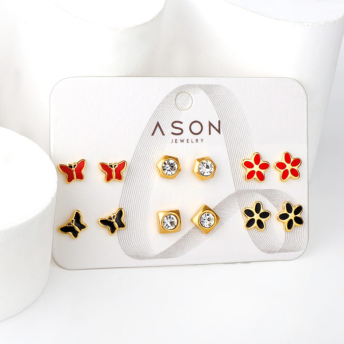 Clous d'oreilles en Zircon, Style Simple, étoile, fleur, papillon, placage en acier inoxydable, 1 ensemble