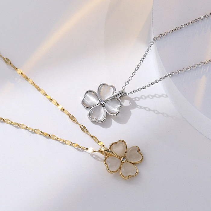 IG Style Casual Four Leaf Clover Stainless Steel Plating Inlay Zircon Pendant Necklace