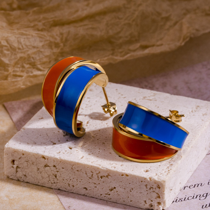 1 par estilo francês estilo simples anel duplo flor oval esmalte chapeado brincos banhados a ouro 18K de aço inoxidável