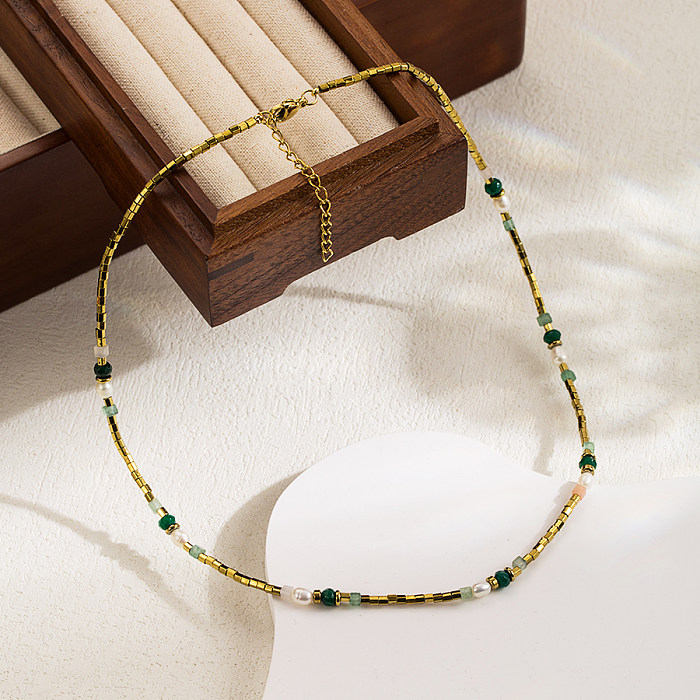 Collier plaqué or plaqué perles en acier inoxydable, style vintage, blocs de couleurs douces